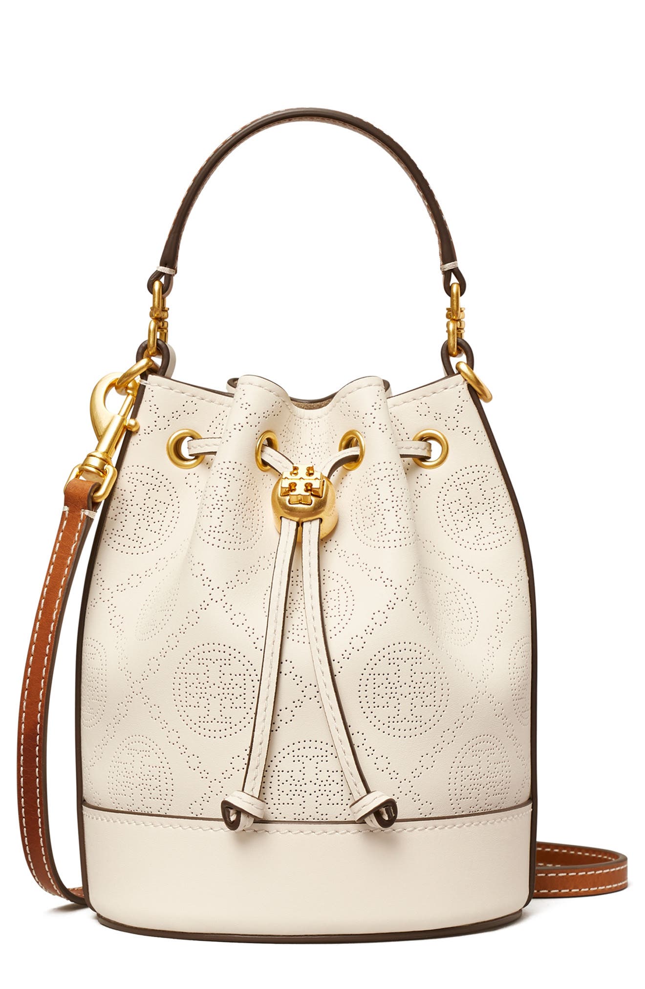 Tory Burch Mini T Monogram Perforated Leather Bucket Bag, Main, color, 