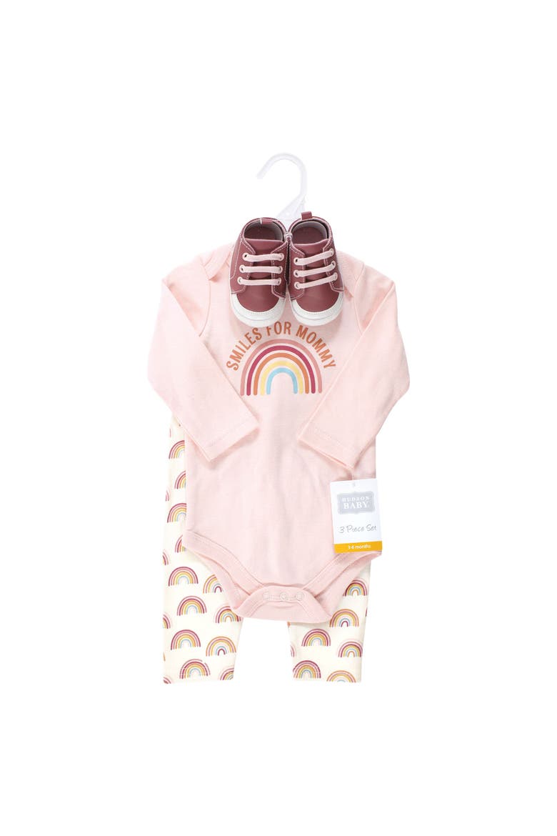 Girl's Long-Sleeve Bodysuit, Pants, and Footwear Outfit, Alternate, color, Sunshine Rainbows