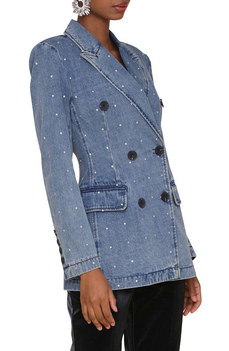 Avec Les Filles Double Breasted Denim Blazer, Alternate, color, Med Blue With Rhinestones