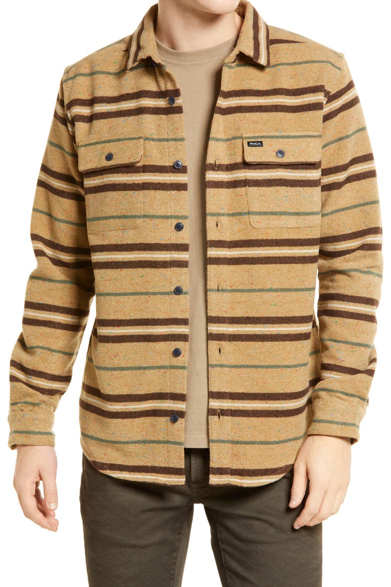 Blanket Stripe Flannel Button-Up Shirt, Main, color, DARK KHAKI