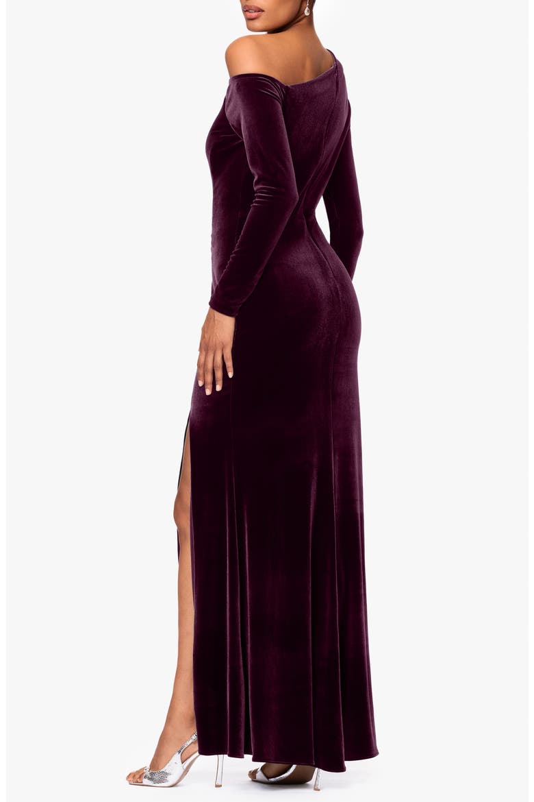 One-Shoulder Long Sleeve Velvet Gown, Alternate, color, MAROON