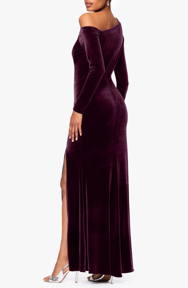 Betsy & Adam One-Shoulder Long Sleeve Velvet Gown, Alternate, color, Maroon
