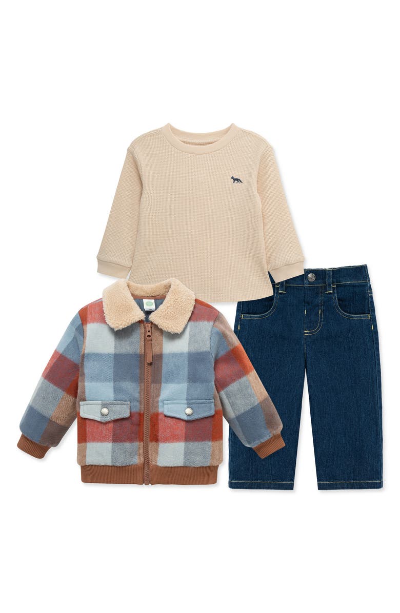 Little Me 3-Piece Plaid Bomber Jacket, Shirt & Jeans Set, Main, color, 