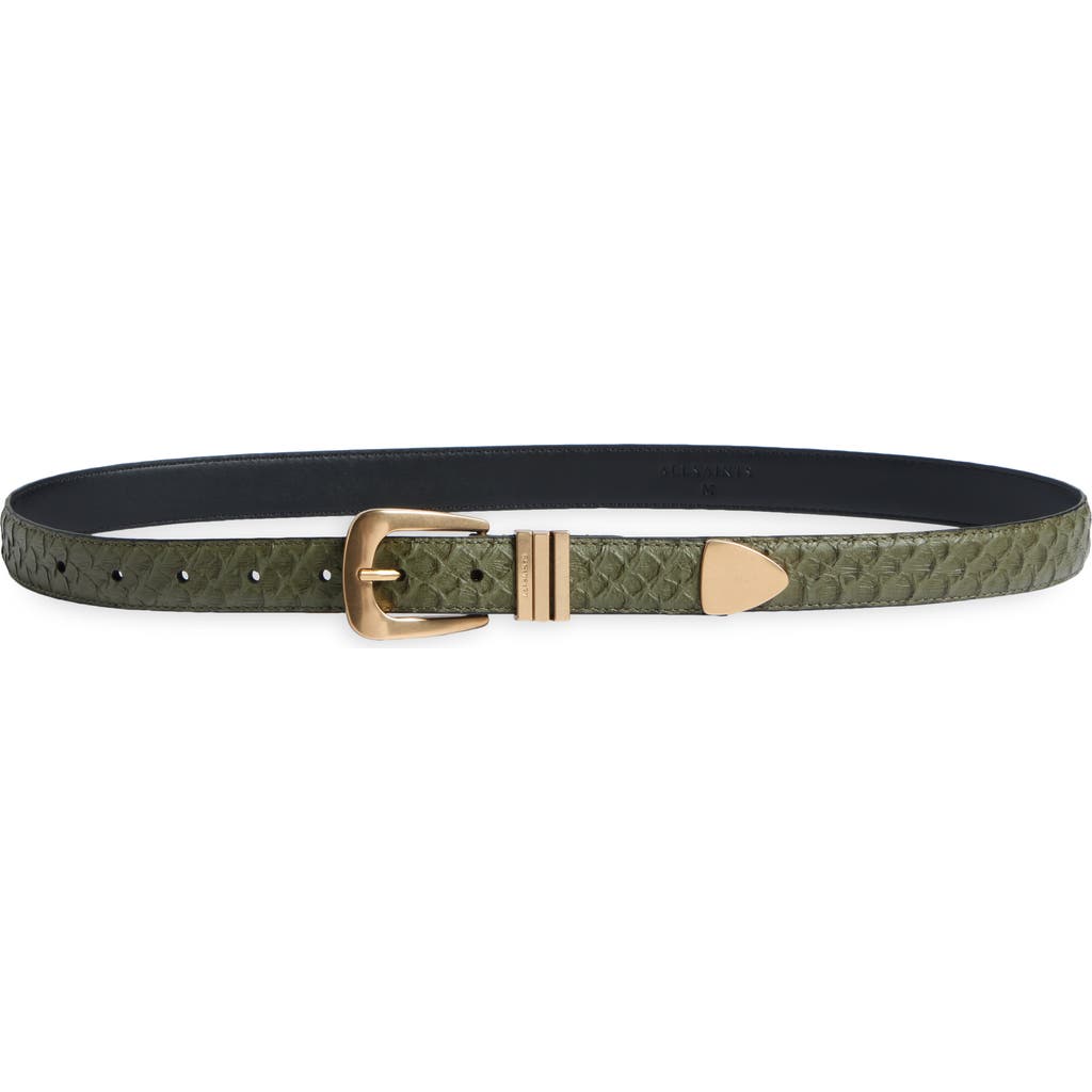 Allsaints Snake Embossed Leather Belt In Military Green/warm Brass