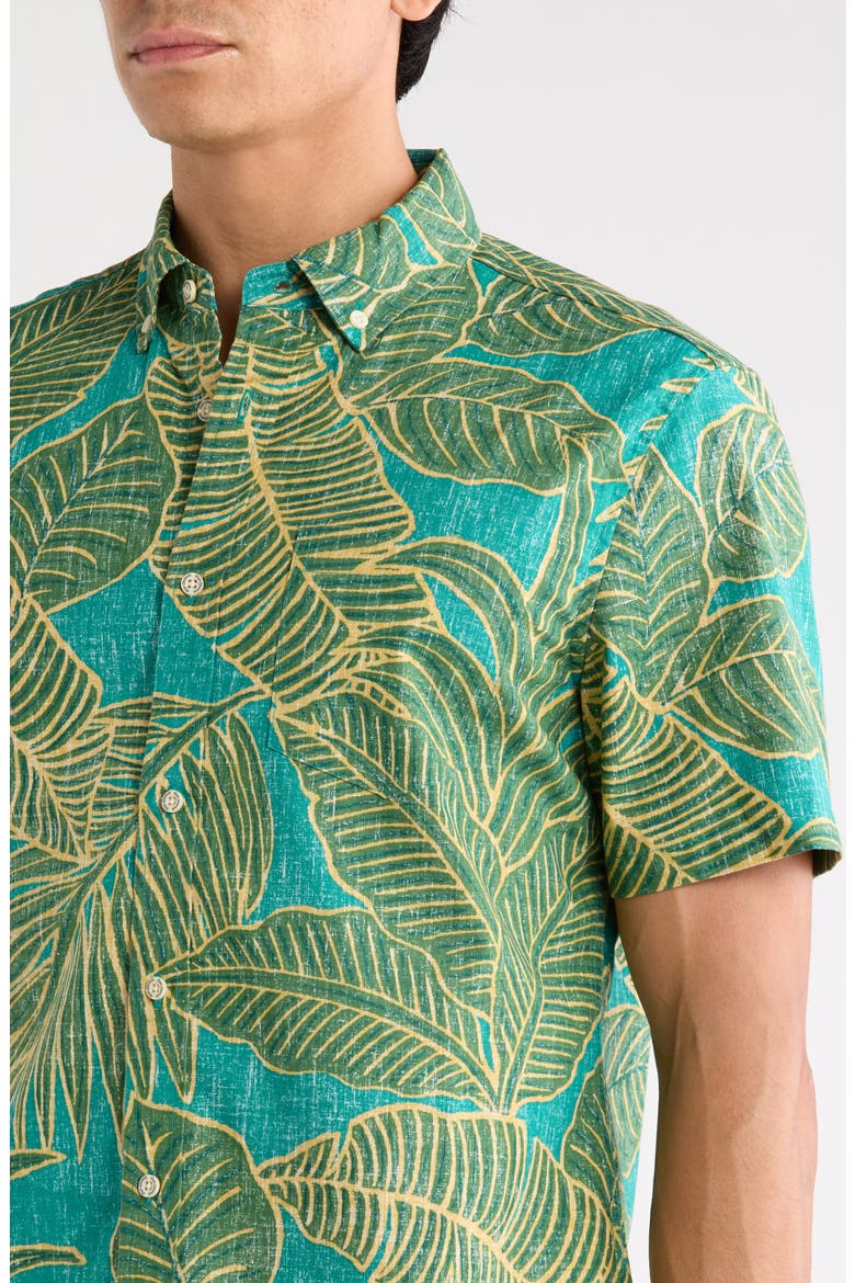 Forest Foliage Short Sleeve Cotton Blend Button-Down Shirt, Alternate, color, GREEN SEA