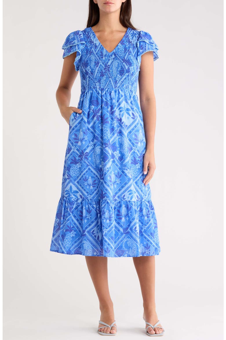 Kaidy Tropical Print Midi Dress, Main, color, BLUE MULTI