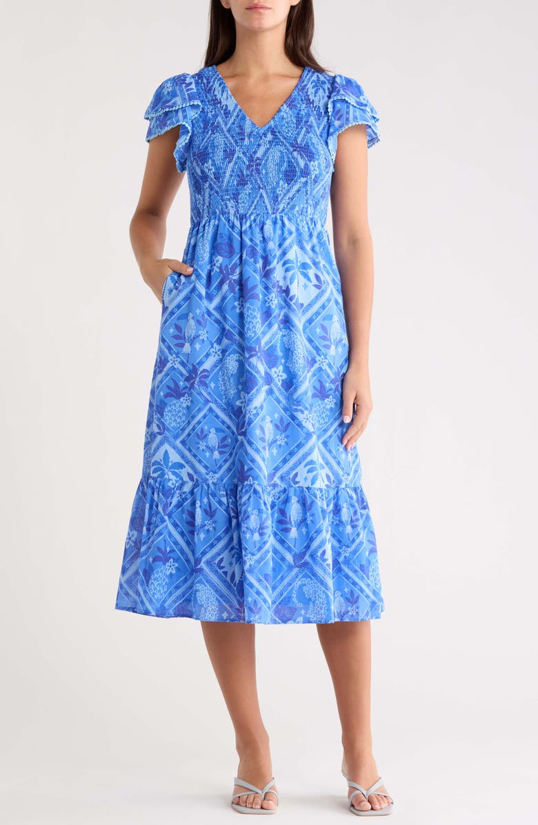 SUGARLIPS Kaidy Tropical Print Midi Dress, Main, color, Blue Multi