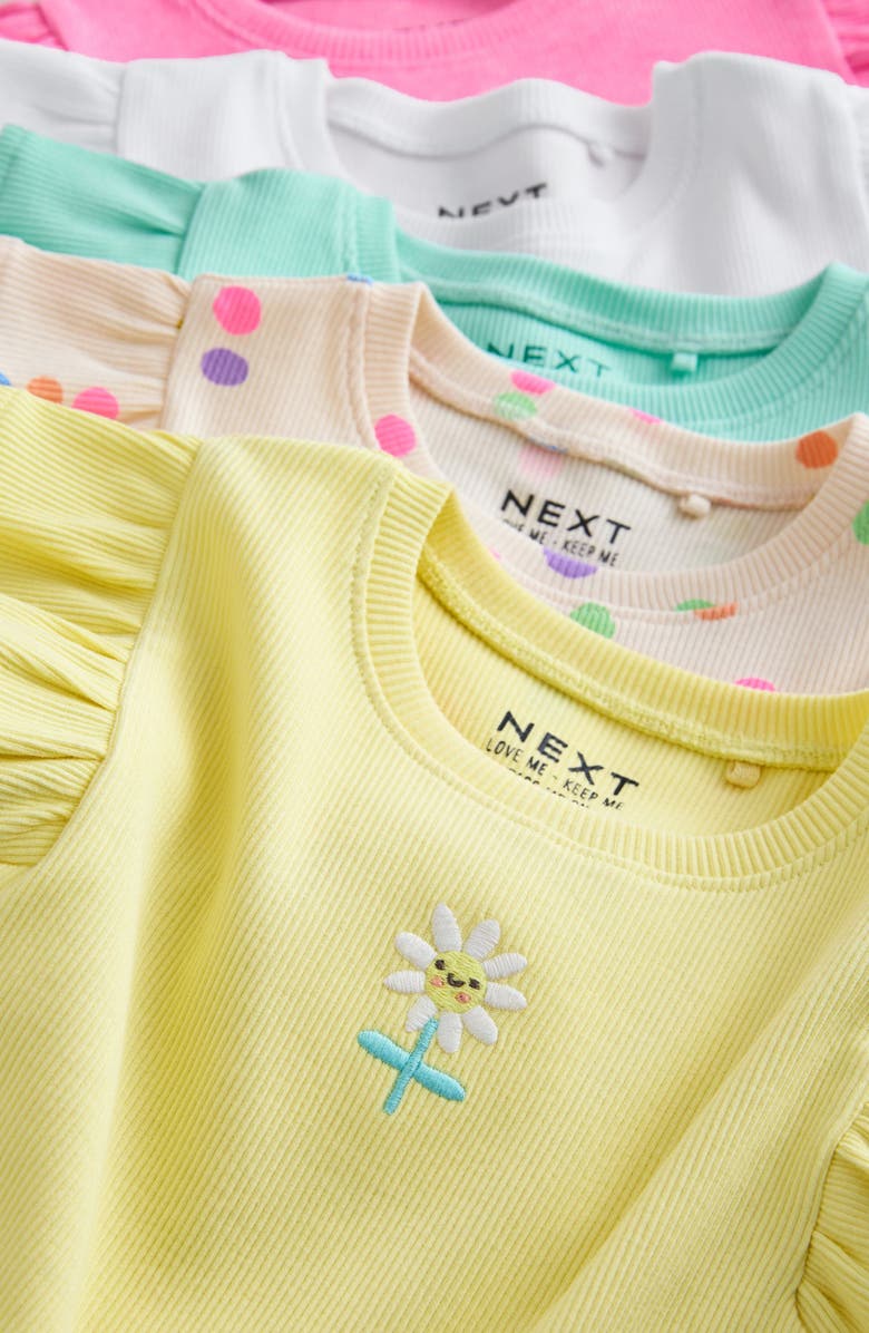 NEXT Kids' Assorted 5-Pack Frill Sleeve Graphic Cotton Blend T-Shirts, Alternate, color, Pink Multi