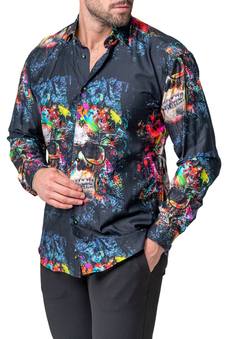 Fibonacci Skull Regular Fit Cotton Blend Button-Up Shirt, Alternate, color, BLUE