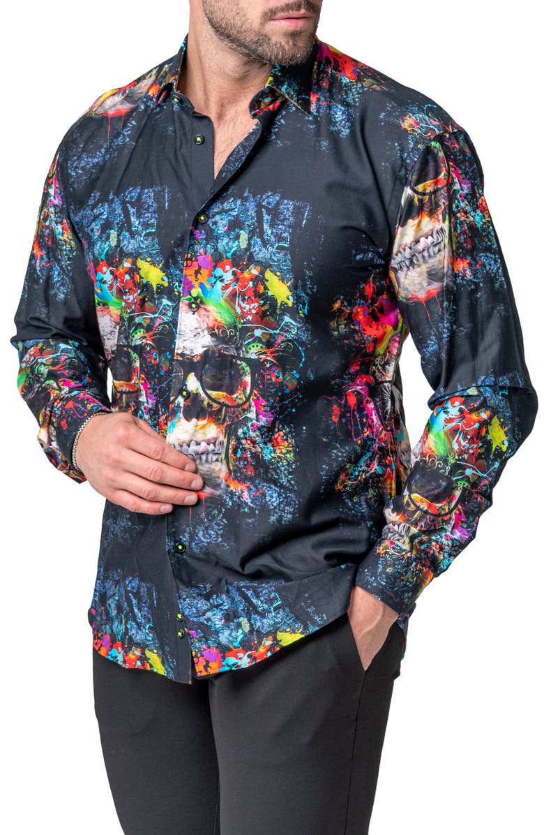 Maceoo Fibonacci Skull Regular Fit Cotton Blend Button-Up Shirt, Alternate, color, Blue