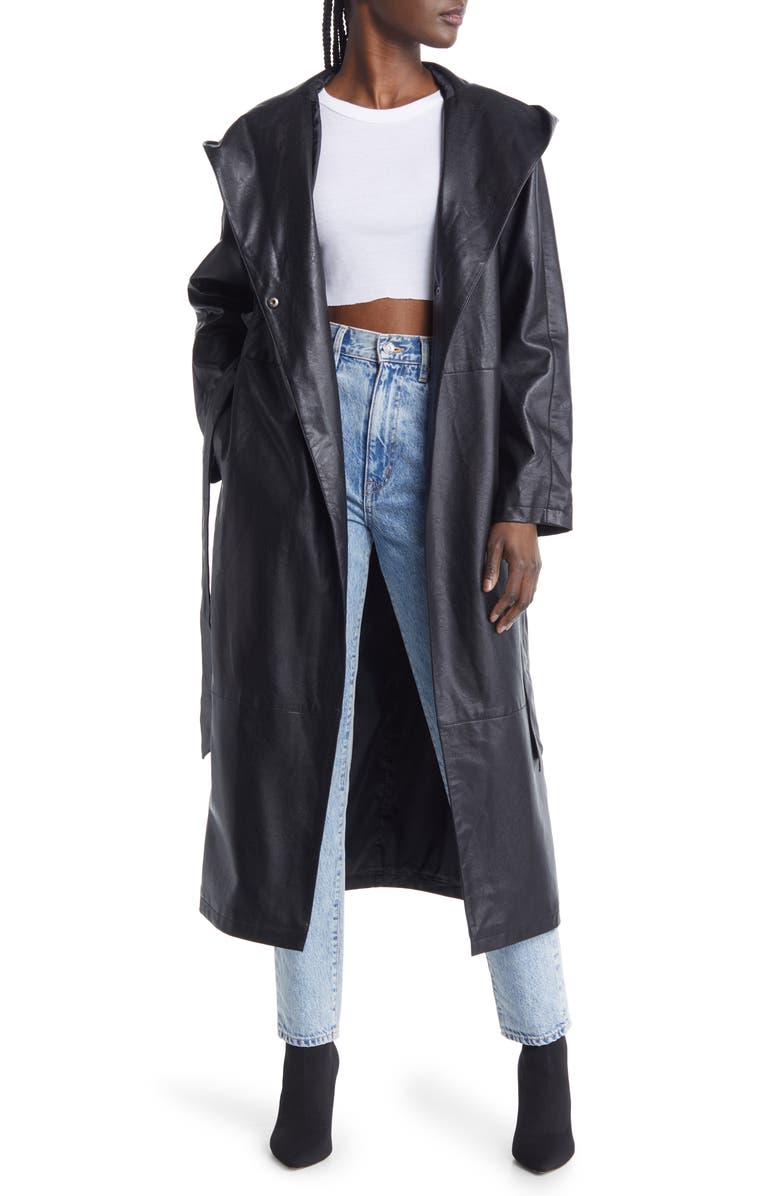 AZALEA WANG Faux Leather Hooded Trench Coat, Alternate, color, 