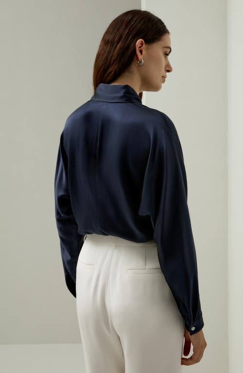 Lilysilk Batwing Silk Top With Adjustable Neck Tie In Navy Blue