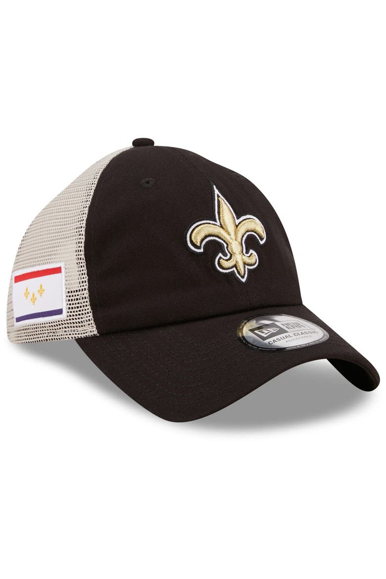 Men's New Era Black/White New Orleans Saints Flag 9TWENTY Trucker Snapback Hat, Main, color, Black