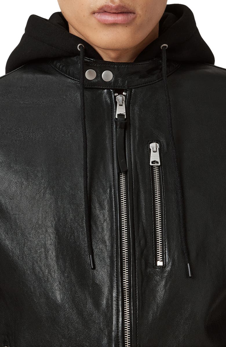 AllSaints Ashton Hooded Leather Jacket, Alternate, color, Black