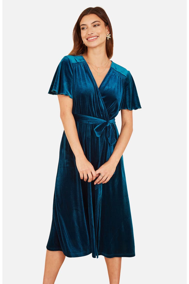 Velvet Split Hem Midi Dress, Alternate, color, Teal