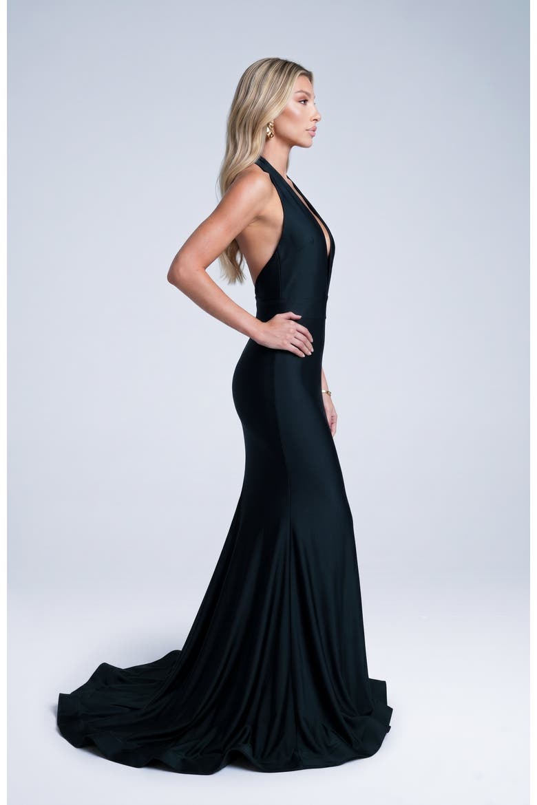 Plunging Halter Neck Mermaid Evening Gown, Alternate, color, Black