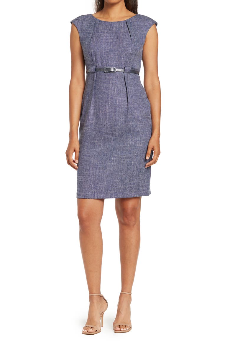 Connected Apparel Belted Cap Sleeve Sheath Dress, Main, color, Denim