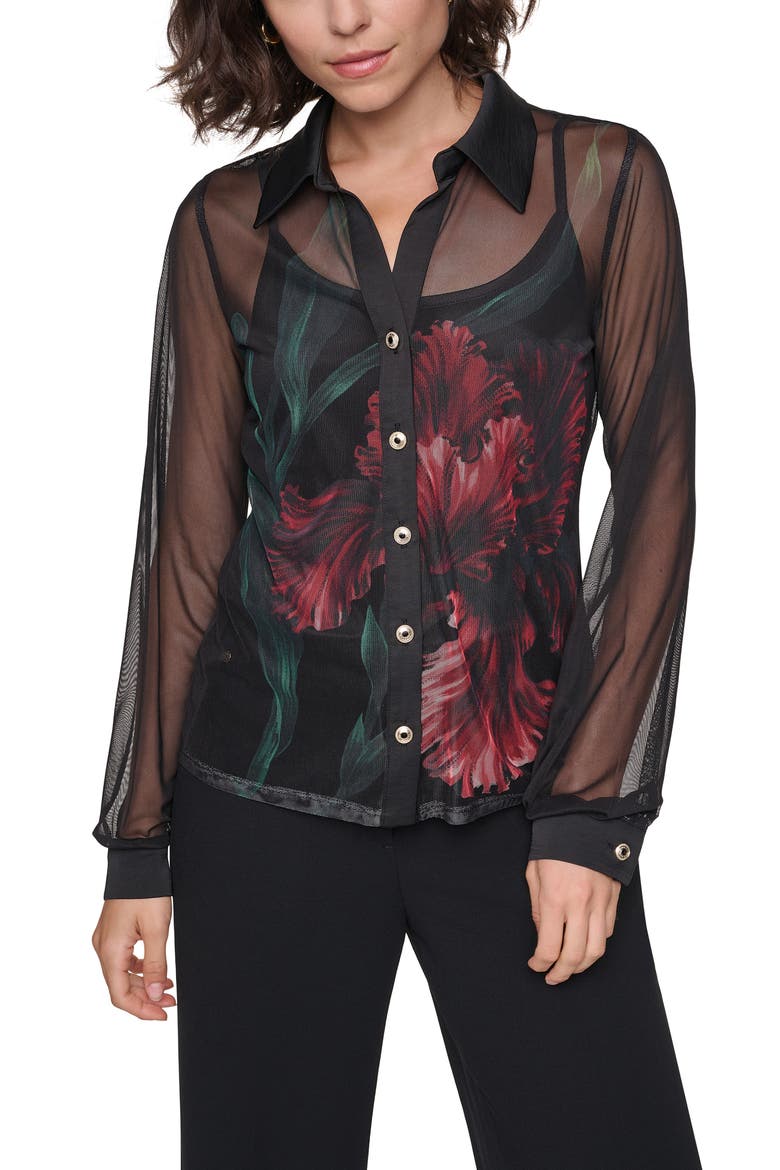 Floral Printed Mesh Shirt, Main, color, BLACK/ ADMIRAL RED MULTI