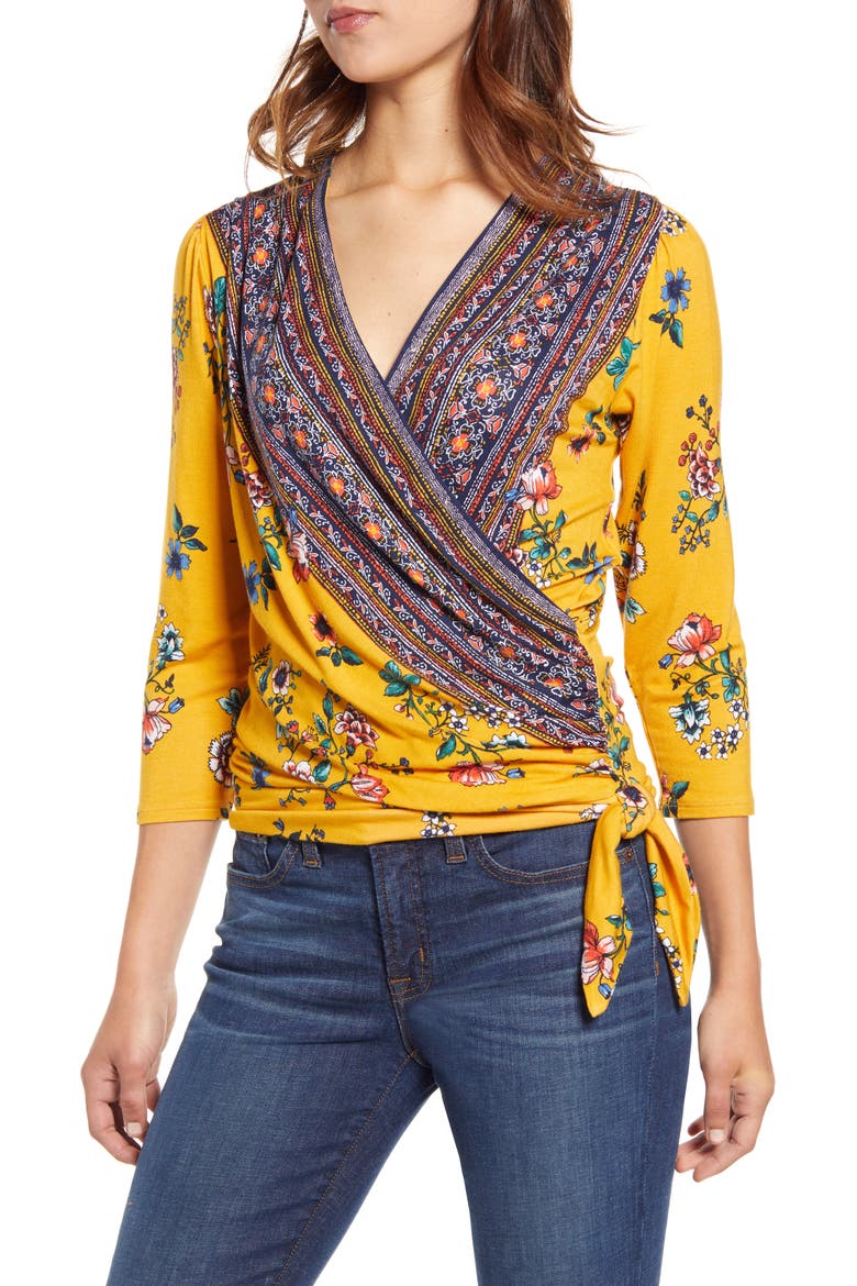 Faux Wrap Border Top, Main, color, MUSTARD/ NAVY