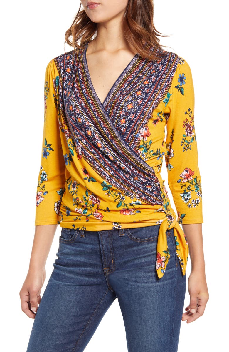 Loveappella Faux Wrap Border Top, Main, color, 