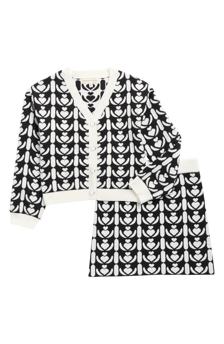 MARGAUX AND LEXI Kids' Heart Knit Cardigan & Skirt Set, Main, color, Black/ White