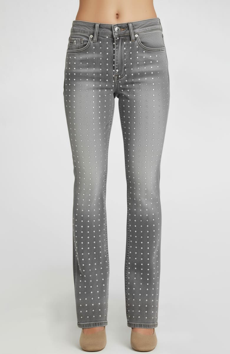bebe Rhinestone Embellished Straight Leg Jeans, Main, color, Grey Wash