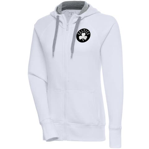 Women's Antigua  White Boston Celtics Brushed Metallic Victory Full-Zip Hoodie