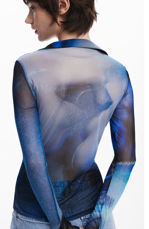 Desigual Prink Mesh Button-up Shirt In Ink Blue