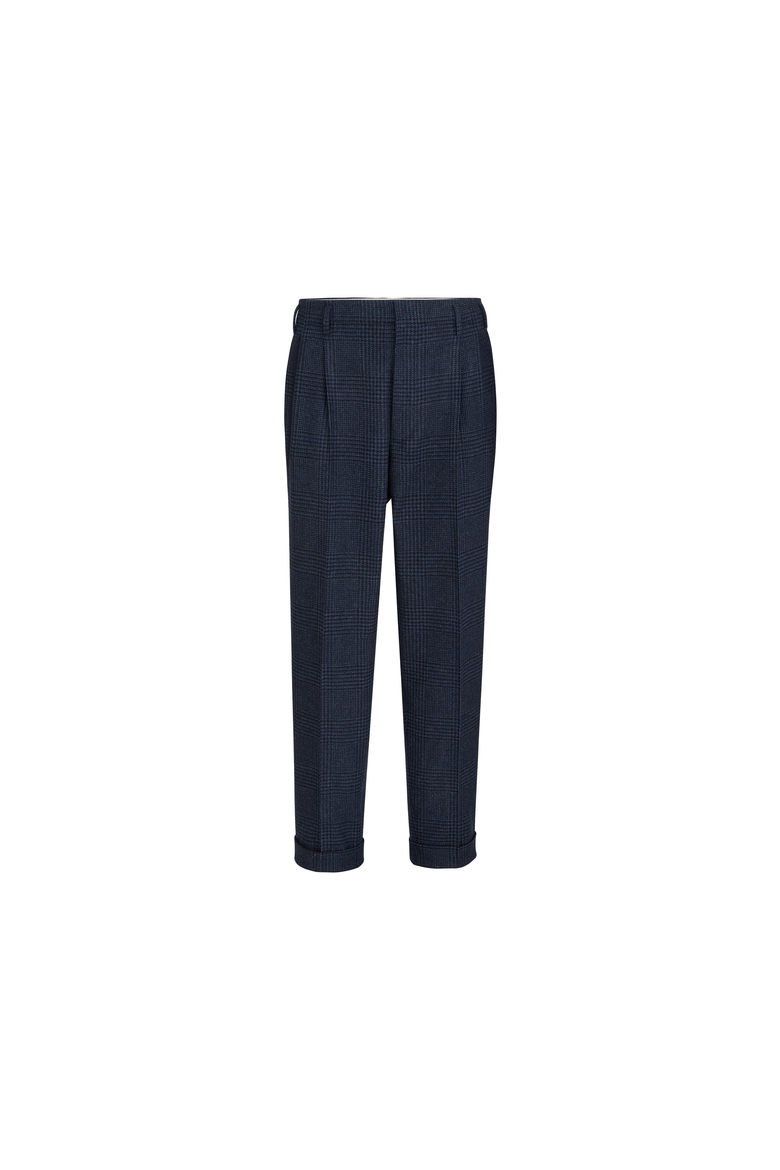Comfort wool and cashmere Prince of Wales flannel trousers with double pleats, Alternate, color, Blue