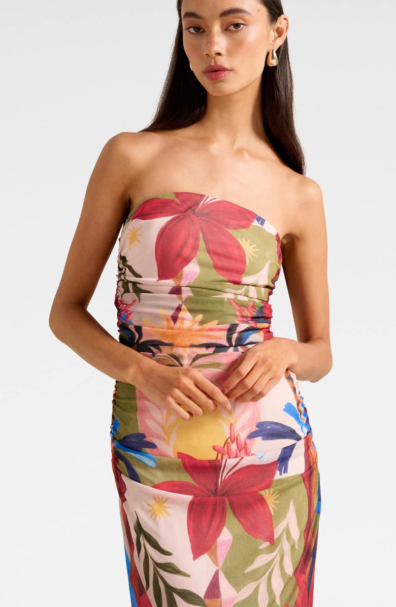 Ever New Alex Strapless Ruched Mesh Maxi Dress, Alternate, color, Havana Holiday