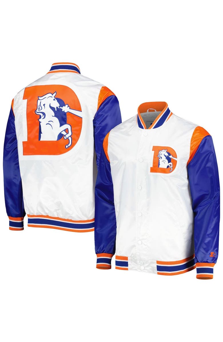 STARTER Men's Starter White Denver Broncos Throwback Warm Up Pitch Satin Full-Snap Varsity Jacket, Alternate, color,