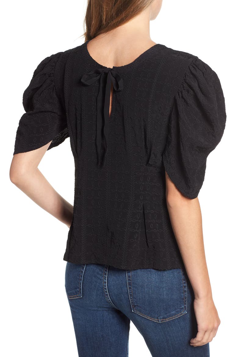 Embroidered Puff Sleeve Top, Alternate, color, BLACK