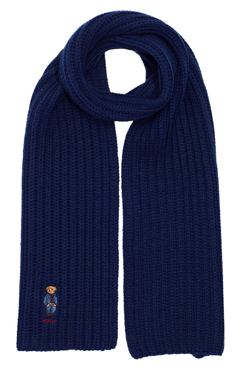 Polo Ralph Lauren Embroidered Bear Wool Blend Scarf, Main, color, Hunter Navy