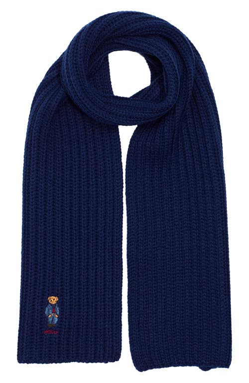 Polo Ralph Lauren Embroidered Bear Wool Blend Scarf In Blue