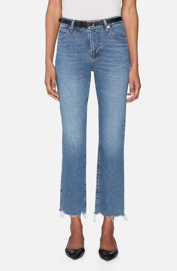 Frame The Ruler Frayed High Waist Ankle Straight Leg Jeans In Blue