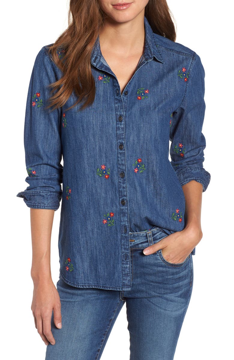 Caslon<sup>®</sup> Floral Embroidery Cotton Denim Shirt, Main, color, 
