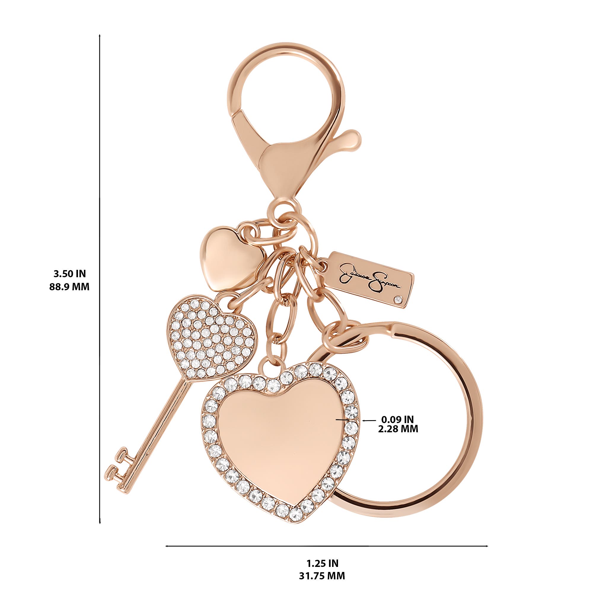 Jessica Simpson Heart & Key Charm Rhinestone Keychain, Alternate, color, Rose Gold, Silver