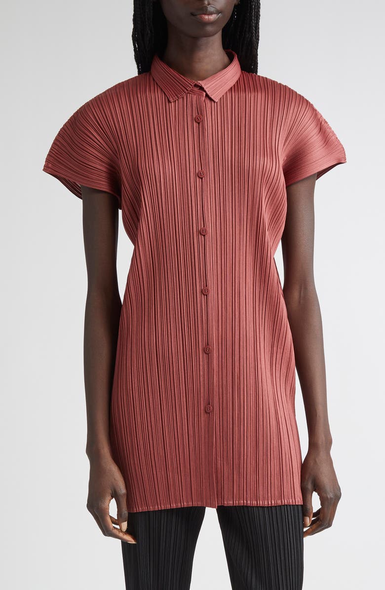 Pleats Please Issey Miyake Monthly Colors May Pleated Short Sleeve Shirtdress, Main, color, Terracotta
