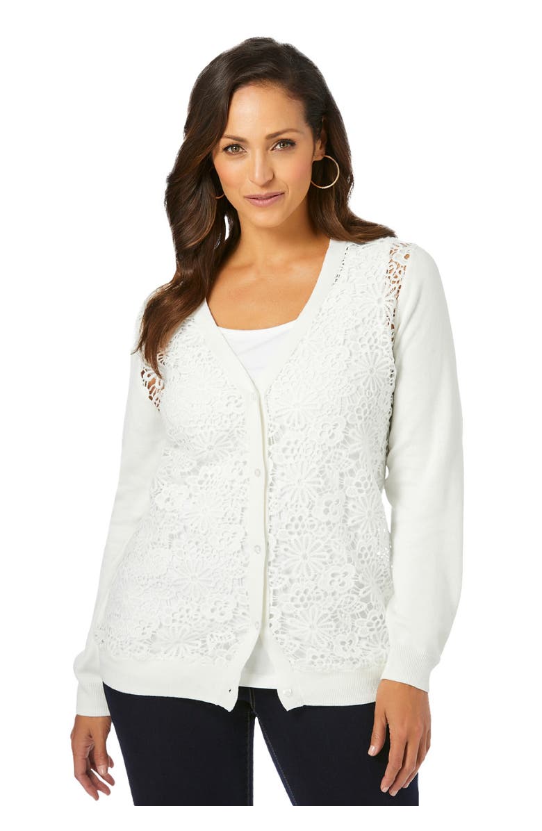 Jessica London Crochet Button-front Cardigan, Main, color, White