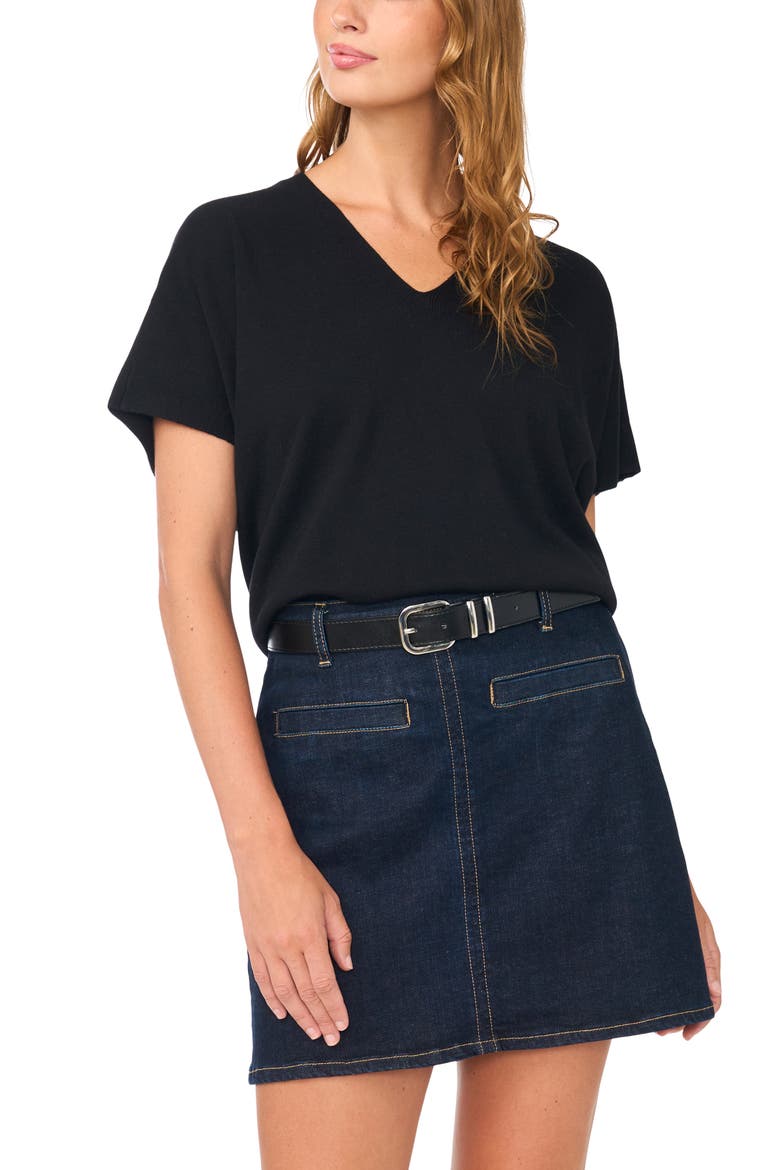 V-Neck Short Sleeve Boxy Sweater, Main, color, RICH BLACK