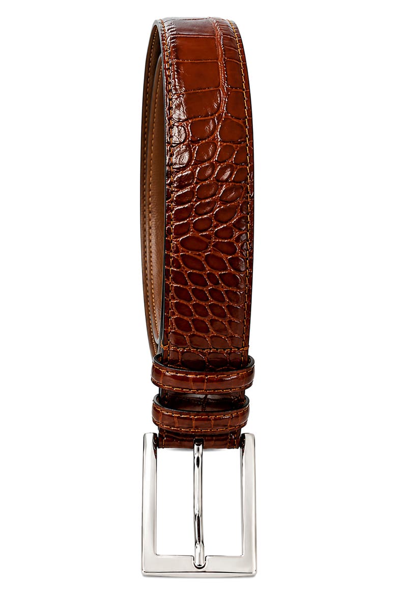 Croc Embossed Leather Belt, Main, color, BROWN