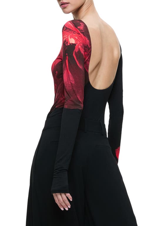 Alice And Olivia Masako Long Sleeve Open Back Bodysuit With Thumbholes In Peony Petals Bright Ruby