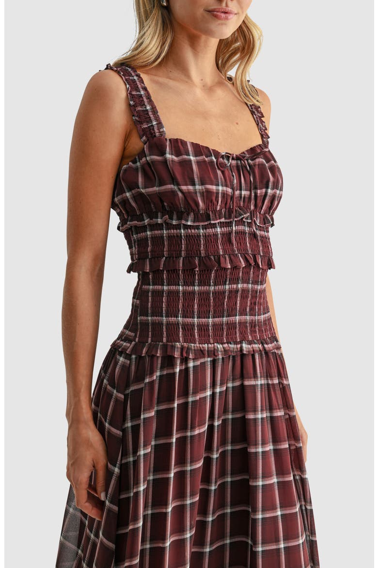Plaid Smocked Drop Waist Midi Dress, Alternate, color, BURGUNDY PLAID