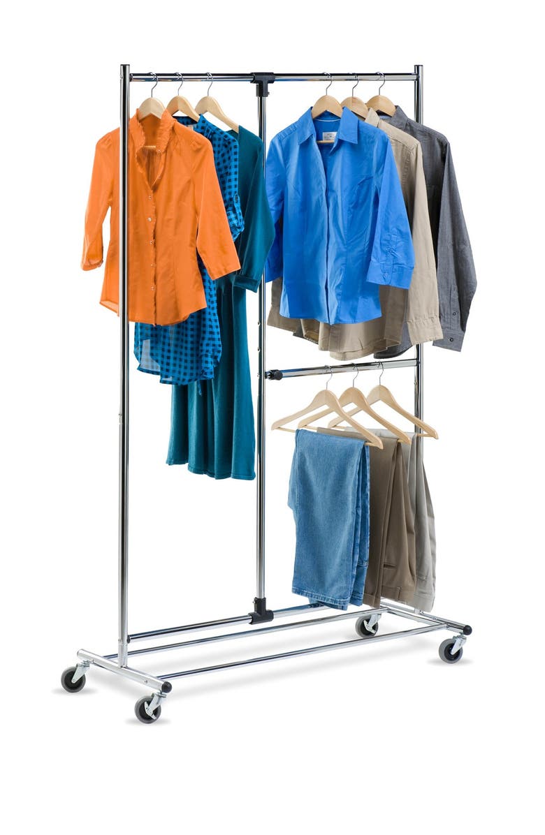 HONEY-CAN-DO Dual Bar Chrome 80" Adjustable Garment Rack, Main, color,