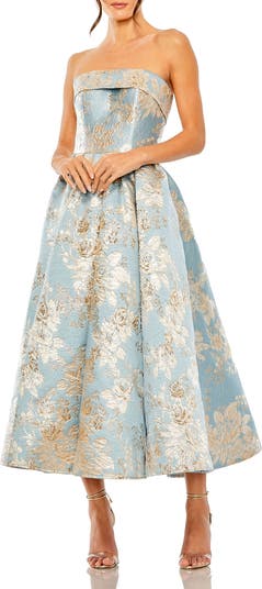 【Mac Duggal】リボン付フローラルブロケードノースリーブミディ Mac Duggal Women's Strapless Brocade Floral Gown With Ruffle