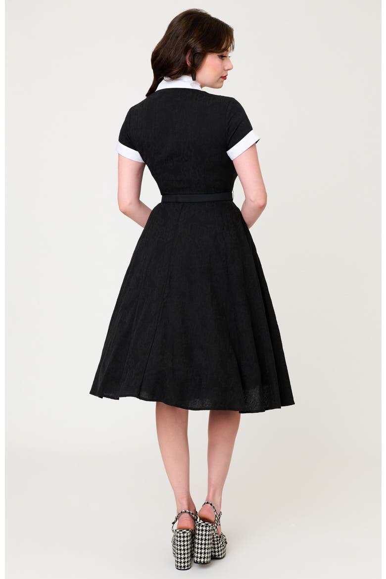 Collared Short Sleeved Belted Alexis Swing Dress, Alternate, color, Black w/ Cat Embroidered