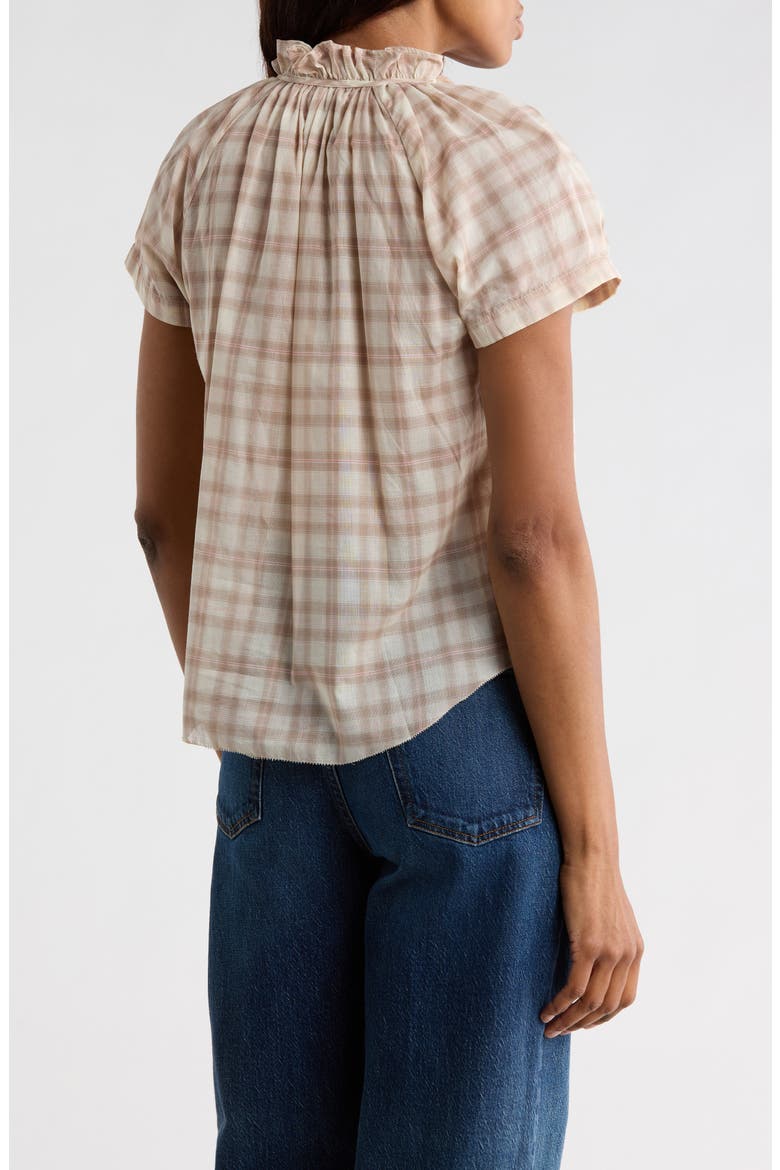 Plaid Ruffle Neck Short Sleeve Button-Up Shirt, Alternate, color, PINK COFFEE PLAID