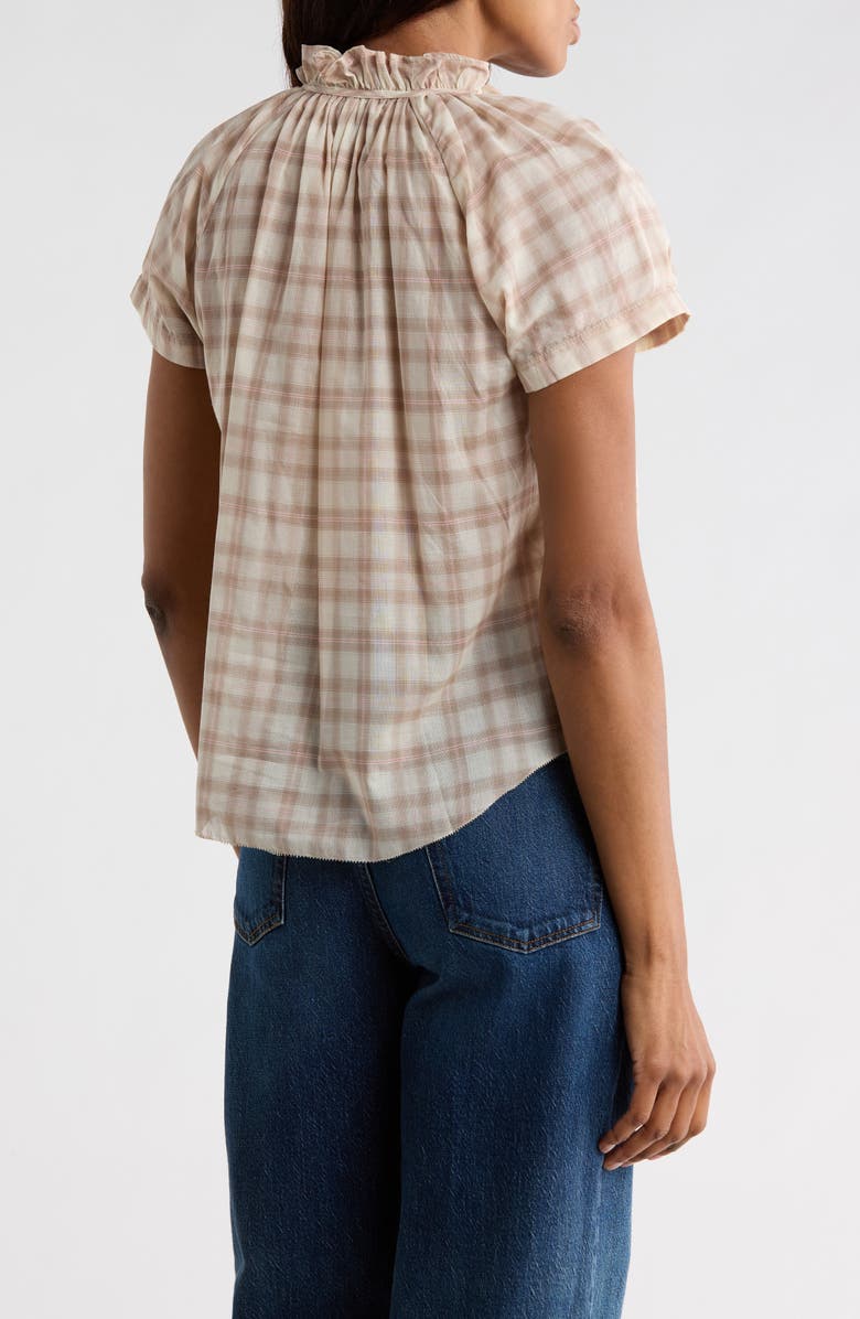 JASON WU Plaid Ruffle Neck Short Sleeve Button-Up Shirt, Alternate, color, Pink Coffee Plaid