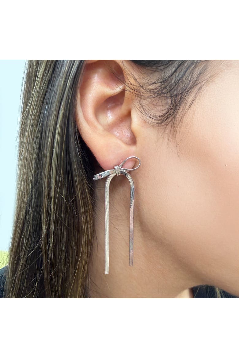 Herringbone Bow Earrings, Alternate, color, Sterling Silver