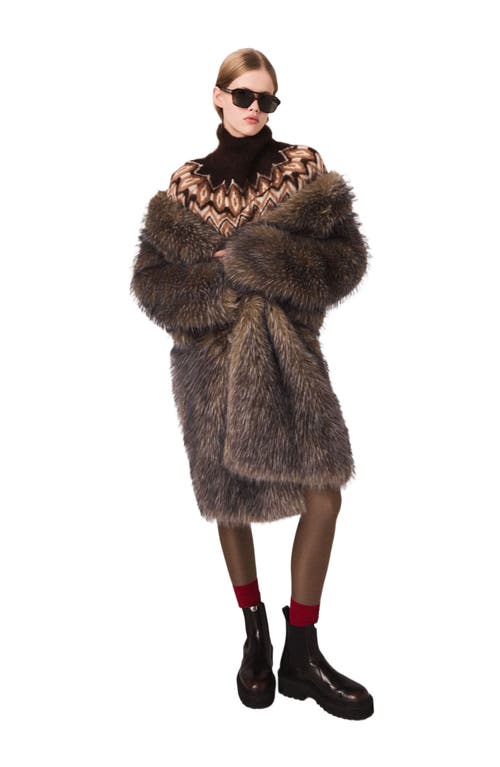 Maje Long Faux Fur Coat In Brown